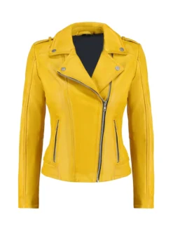 Women Biker Yellow Leather Jacket Main