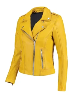 Women Biker Yellow Leather Jacket Right Side