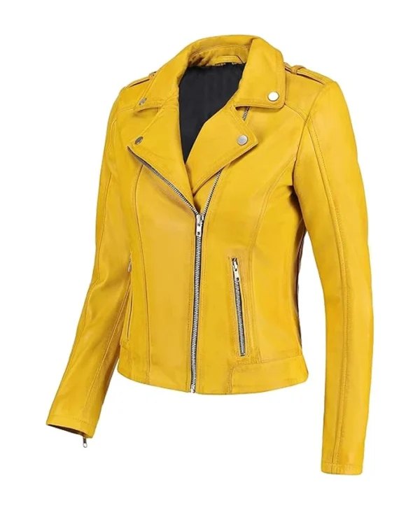Women Biker Yellow Leather Jacket Right Side