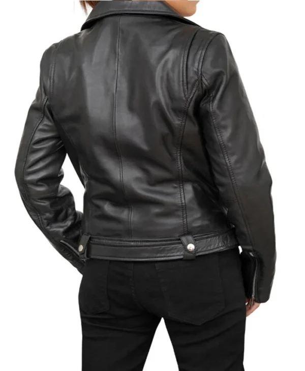 Women Black Asymmetrical Zipper Genuine Leather Motorcycle Jacket For Sale