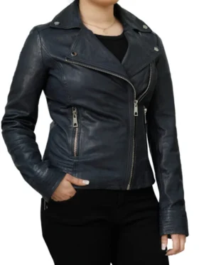 Women Black Vinatge Asymmetrical Biker Leather Jacket