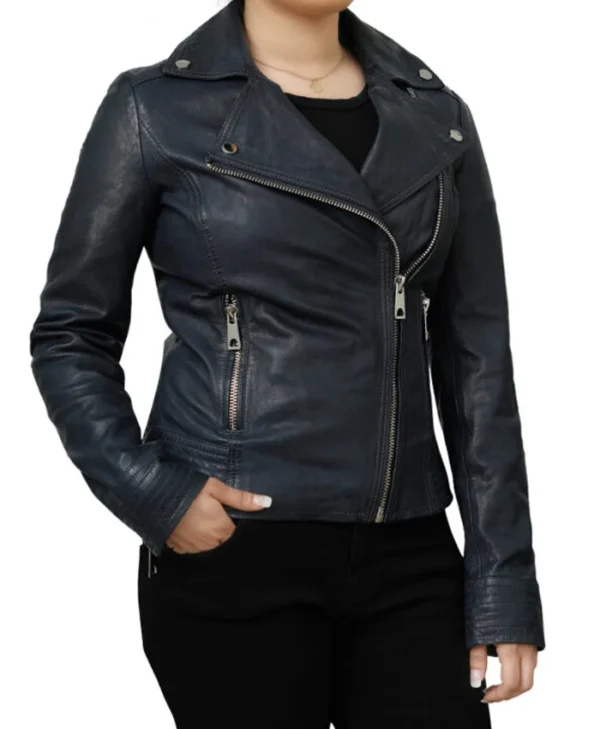 Women Black Vinatge Asymmetrical Biker Leather Jacket