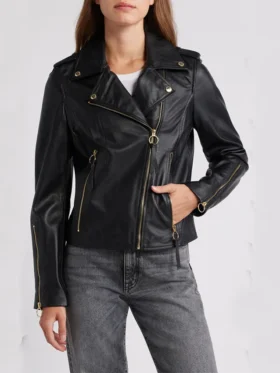 Womens Biker Style Black Leather Jacket Pockets
