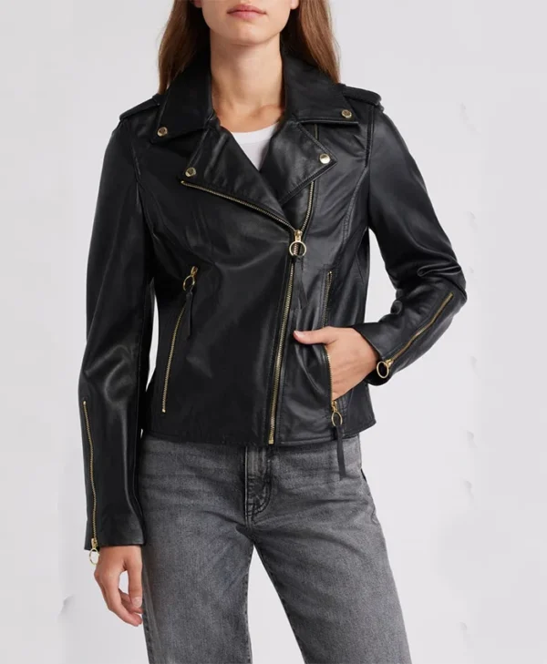 Womens Biker Style Black Leather Jacket Pockets