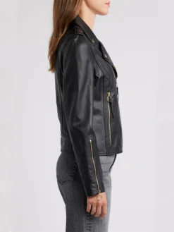 Womens Biker Style Black Leather Jacket Side