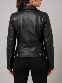 Womens Black Asymmetrical Zipper Genuine Leather Motorcycle Jacket Back