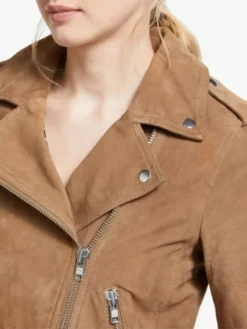 Womens Brown Suede Leather Biker Jacket Biker Collar