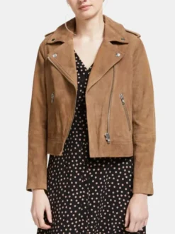 Womens Brown Suede Leather Biker Jacket Front