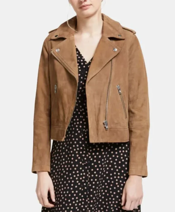 Women’s Brown Suede Leather Biker Jacket Front