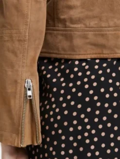 Womens Brown Suede Leather Biker Jacket Zipper Sleeves
