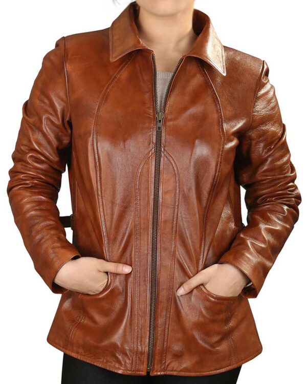 Womens Turn Down Collar Brown Leather Jacket