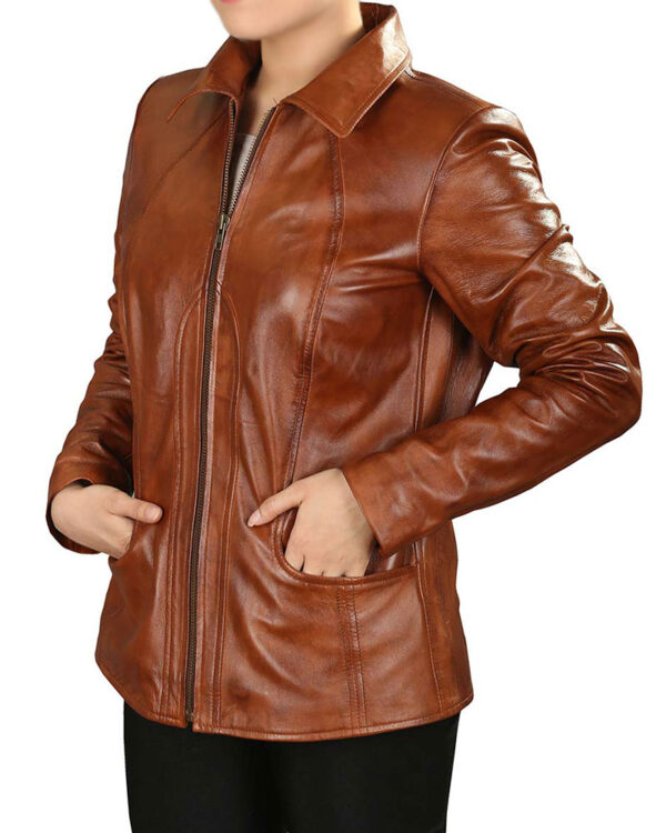 Womens Turn Down Collar Brown Leather Jacket For Sale