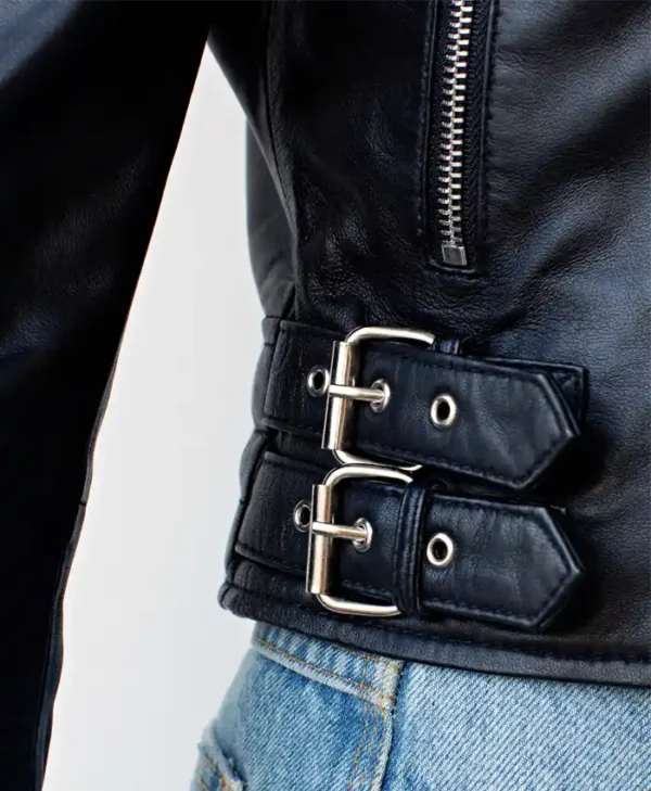Andrea Women Biker Style Black Leather Jacket Belted