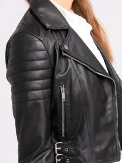 Andrea Women Biker Style Black Leather Jacket Collar