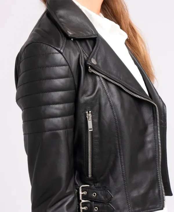 Andrea Women Biker Style Black Leather Jacket Collar