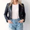 Andrea Women Biker Style Black Leather Jacket Stand