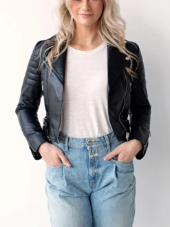 Andrea Women Biker Style Black Leather Jacket Stand