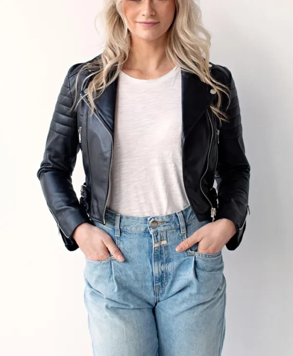 Andrea Women Biker Style Black Leather Jacket Stand