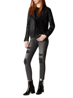 Asymmetrical Black Leather Jacket Womens Stand