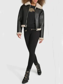 B3 Black Aviator Shearling Coat Womens Stand