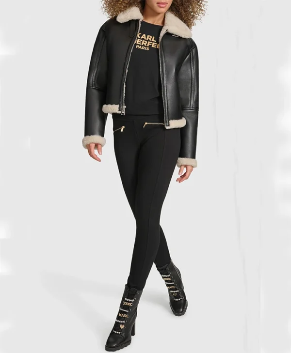 B3 Black Aviator Shearling Coat Womens Stand