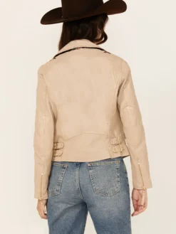 Beige Leather Womens Classic Biker Jacket Back