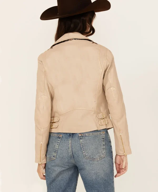 Beige Leather Women’s Classic Biker Jacket Back