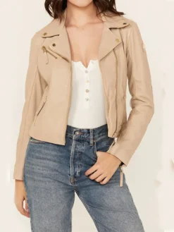 Beige Leather Womens Classic Biker Jacket Main