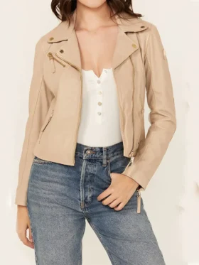 Beige Leather Women’s Classic Biker Jacket Main