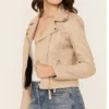 Beige Leather Women’s Classic Biker Jacket Right Side