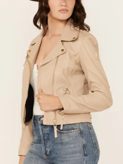 Beige Leather Womens Classic Biker Jacket Right Side
