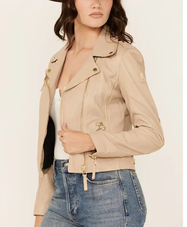 Beige Leather Women’s Classic Biker Jacket Right Side