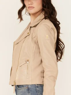 Beige Leather Womens Classic Biker Jacket Side
