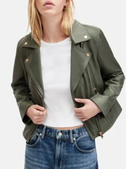 Biker Womens Olive Green Jacket Collar