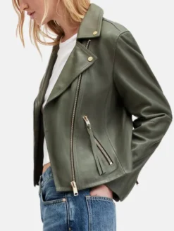 Biker Womens Olive Green Jacket Pockets