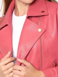 Biker Womens Pink Leather Jacket Collar