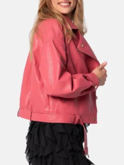 Biker Womens Pink Leather Jacket Cuffs Side
