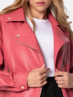 Biker Womens Pink Leather Jacket Zipper