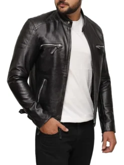 Black Cafe Racer Leather Jacket Left