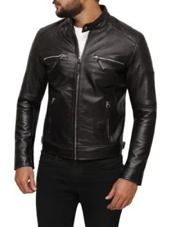 Black Cafe Racer Leather Jacket Right