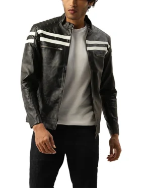 Black Cafe Racer White Striped Leather Jacket