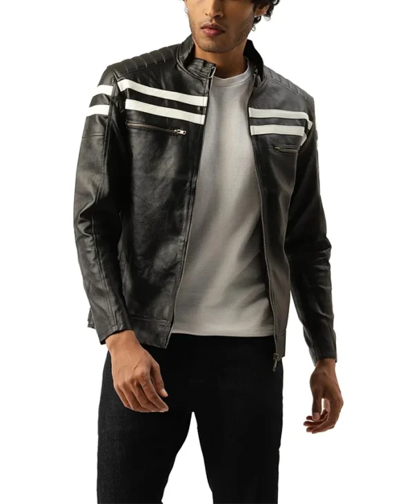 Black Cafe Racer White Striped Leather Jacket