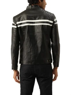 Black Cafe Racer White Striped Leather Jacket Back