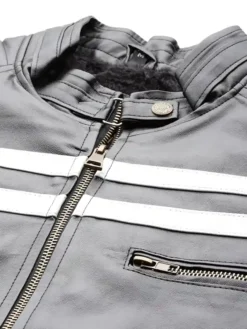 Black Cafe Racer White Striped Leather Jacket Snap
