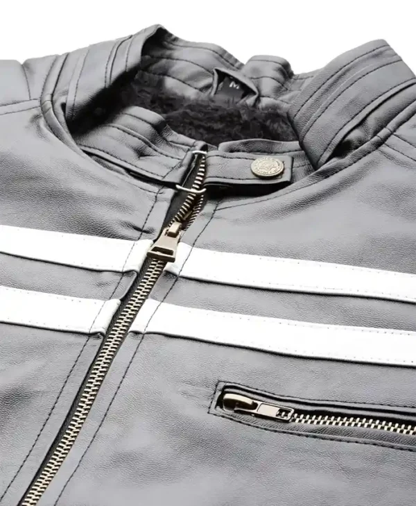 Black Cafe Racer White Striped Leather Jacket Snap