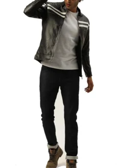 Black Cafe Racer White Striped Leather Jacket Style