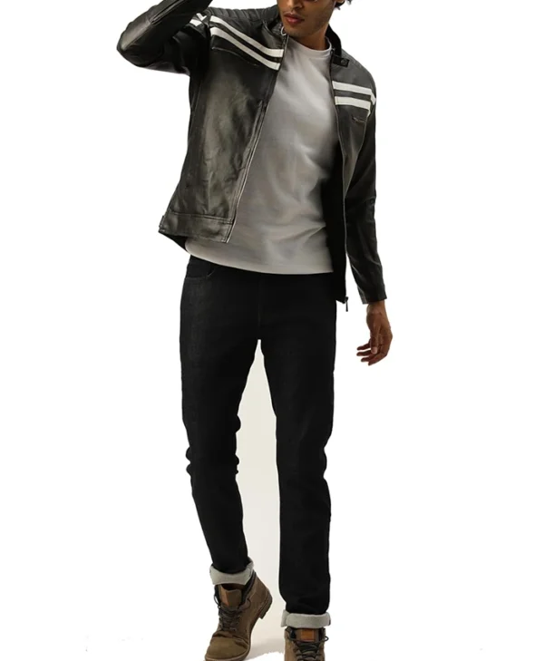 Black Cafe Racer White Striped Leather Jacket Style