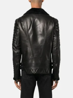 Black Leather Biker Jacket With Fur Collar Back