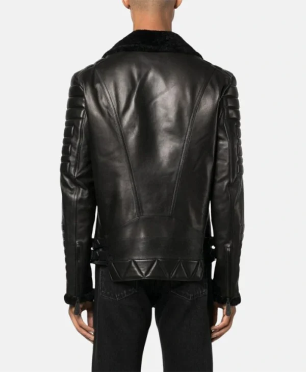 Black Leather Biker Jacket With Fur Collar Back