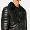 Black Leather Biker Jacket With Fur Collar Close